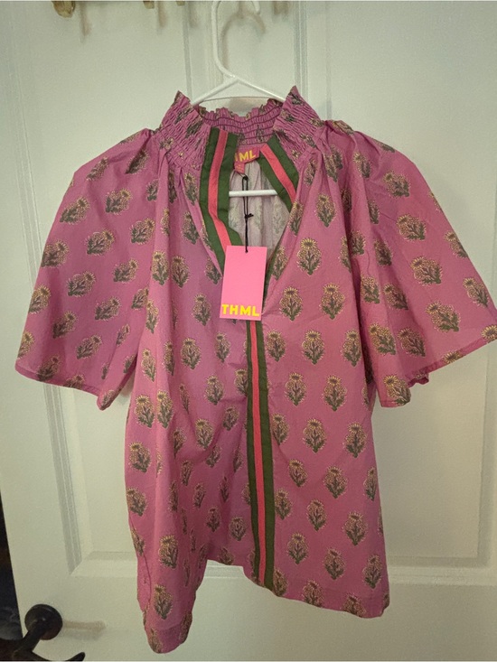 THML Tops - THML Pink Floral Blouse with Green and Brown Stripe Trim